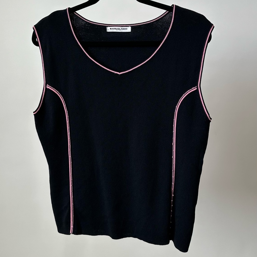VINTAGE 90S! Sporty Stretch Knit Black Tank Top with Pink Stripe Sleeveless-L